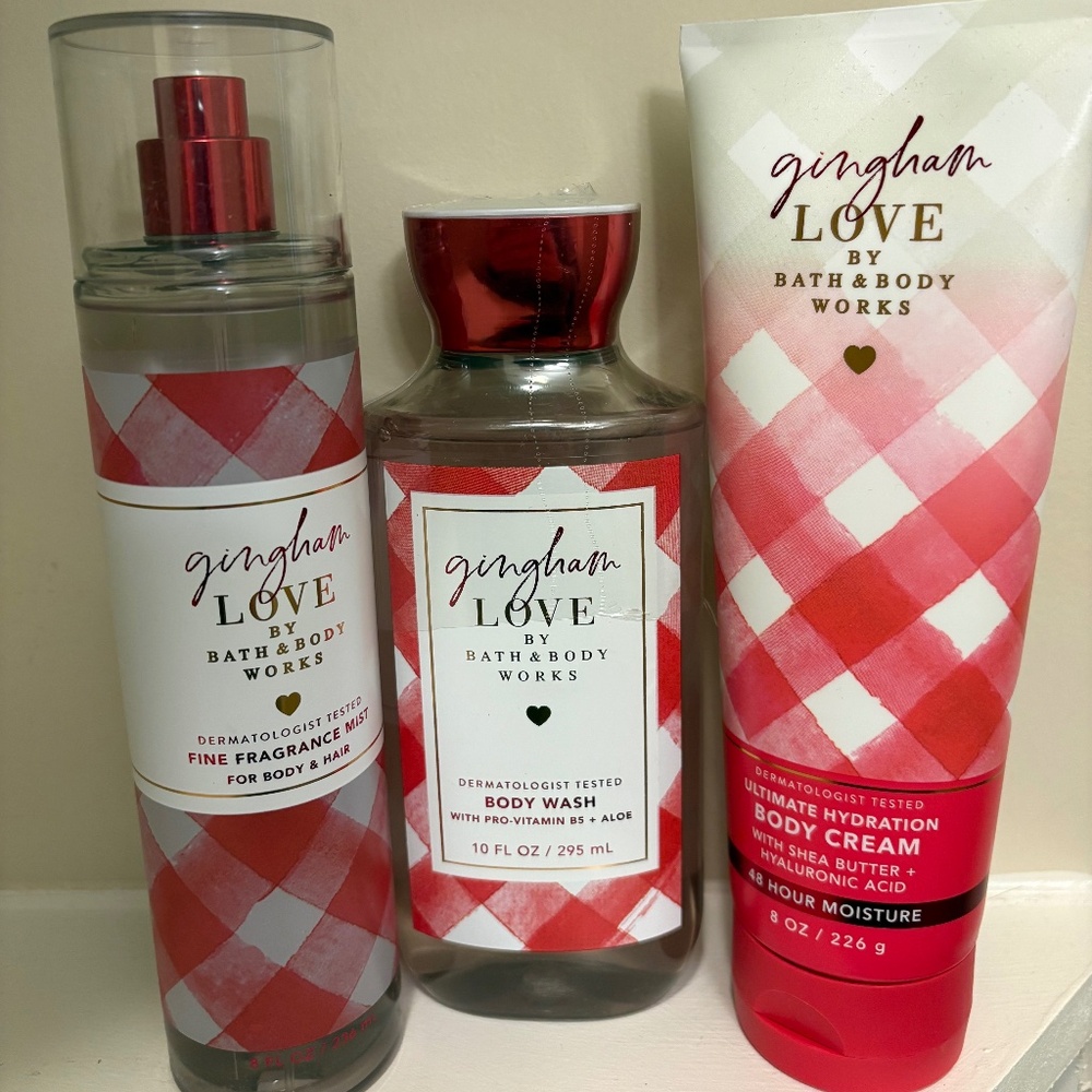 Bath and Body Works Gingham Love set: body cream, wash, and spray